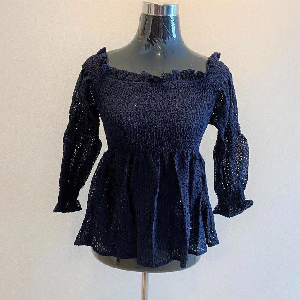 Bardot Navy Eyelet Lace Smocked Bardot Top Puff Sleeve Cottagecore Boho S